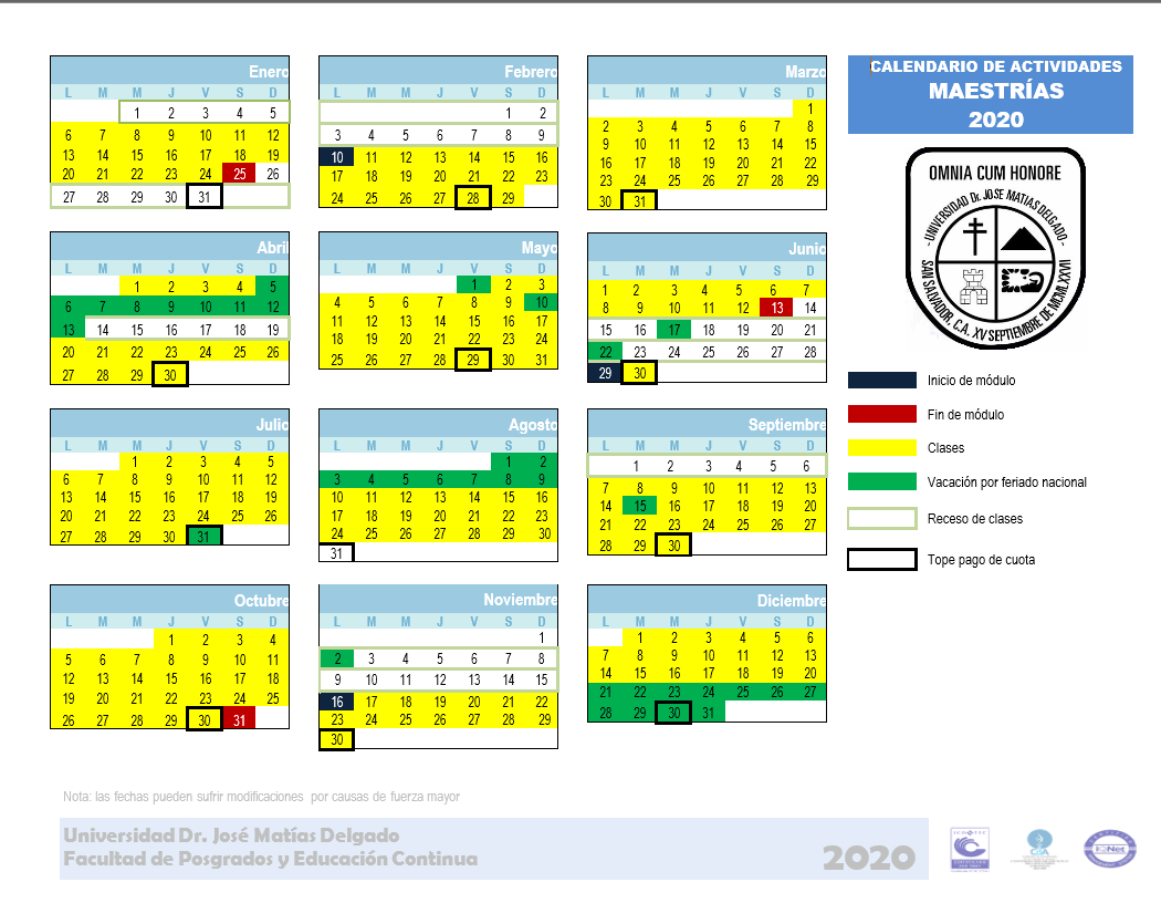 Calendario de actividades Facultad de Posgrados 2020